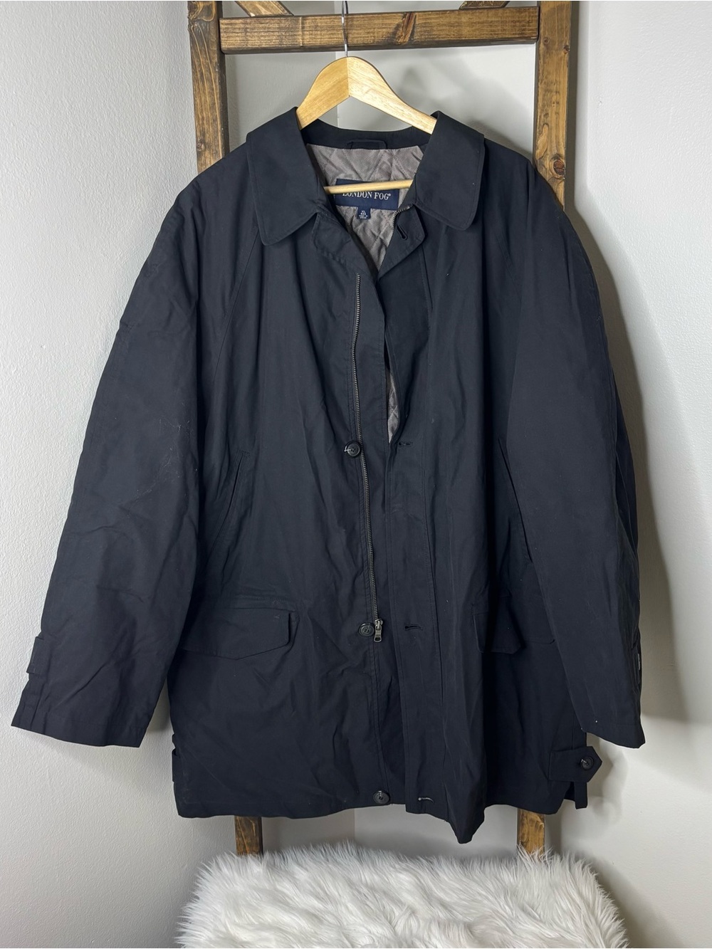 London Fog Black Men's Classic Overcoat with Zip and Button Front Size XL